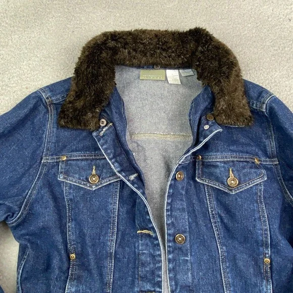 Vintage Jean Jacket Large Women Blue Faux Fur Collar Removeable Heavy EUC - Picture 2 of 15